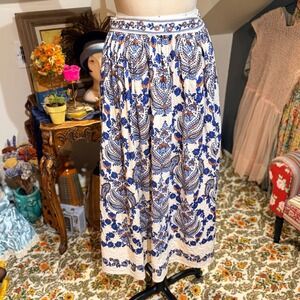 Boho Paisley Blue‎ 100% Cotton Print Midi Skirt Elastic Waist Flowy - M / L